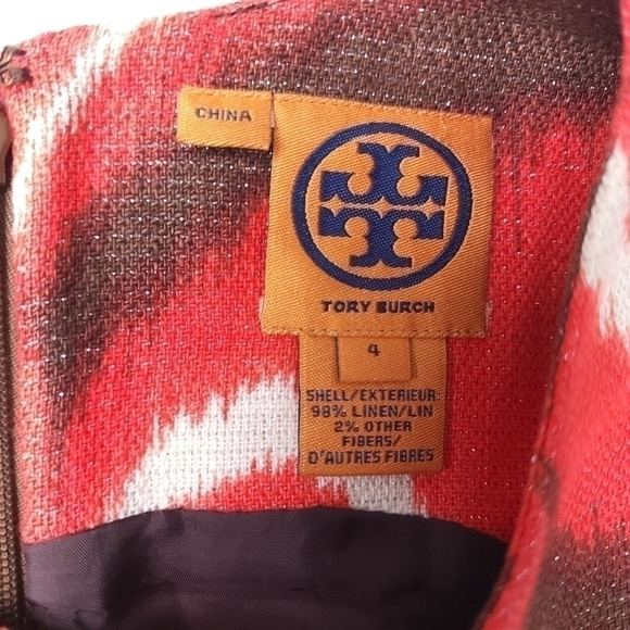 Tory Burch Red Cream Brown Linen Dress Sz 4 - Picture 3 of 12
